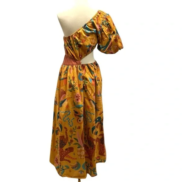 Farm Rio x Anthropologie One Shoulder Tropical Puff Sleeve Maxi Dress Large - Picture 11 of 16